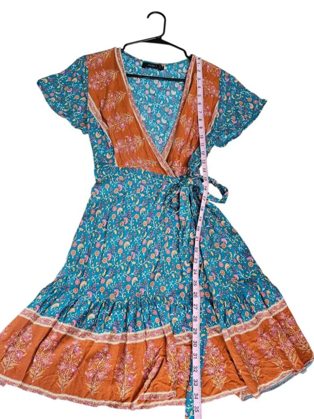 ZESICA Womens Medium Wrap Dress Blue Rust Floral Rayon Iconic Boho Festival Mini - Picture 8 of 8